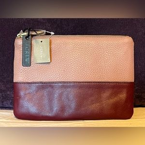 J. Crew 💯% Leather Colorblock Zipper Pouch - Dusty Rose/Maroon w/Tags & …